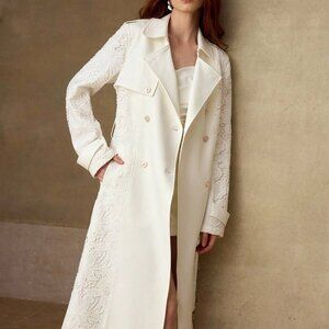 White Preppy Women's Guipure Lace Panel Double Breasted Longline Trench Coat